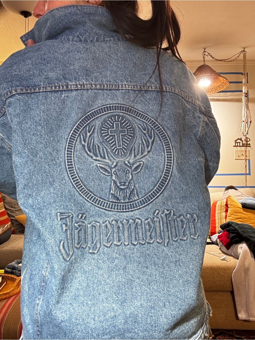Vintage 90s Jägermeister Denim Jacket XL Made USA 100% Cotton Embossed